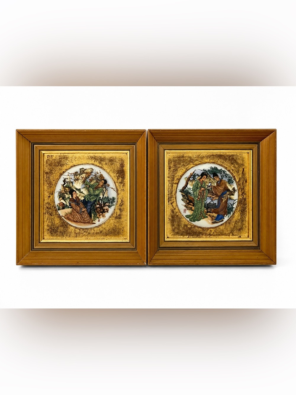 Vintage Style Gold Framed Ceramic Wall Plaques - Set of 2